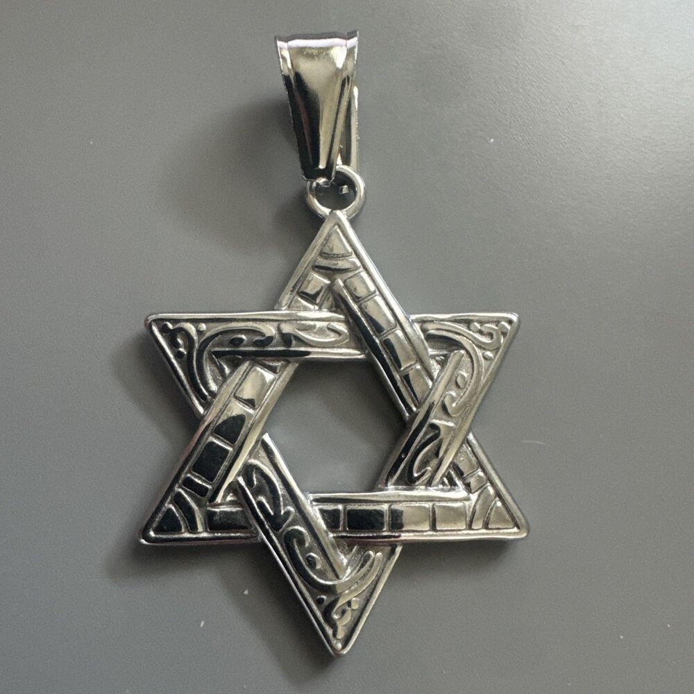 Stainless Steel Hebrew Jewish Israel Star of David Necklace Bar Mitzvah Silver
